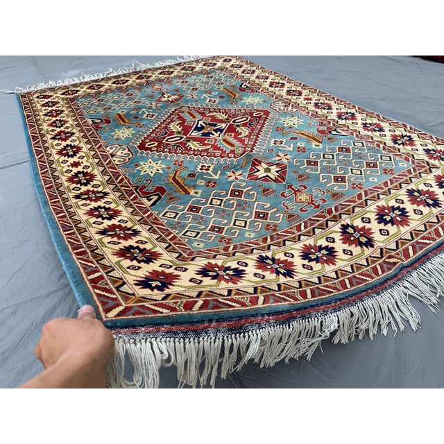 Islamic Hand-Knotted Blue and Red Afghan Medallion Wool Area Rug, 6'9" X 5'0 For Sale - Image 3 of 12