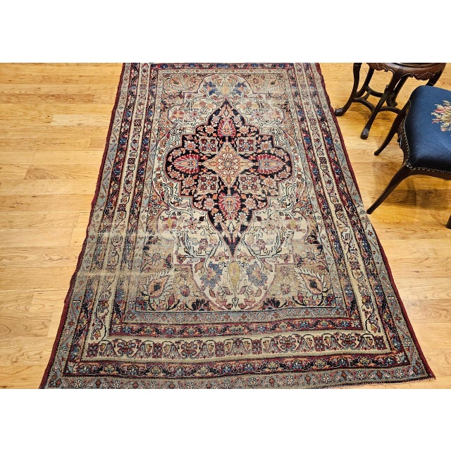 19th Century Persian Kerman Lavar Rug, Hand-Knotted Wool, Floral Pattern, Ivory & Red, 5x8 For Sale - Image 4 of 18
