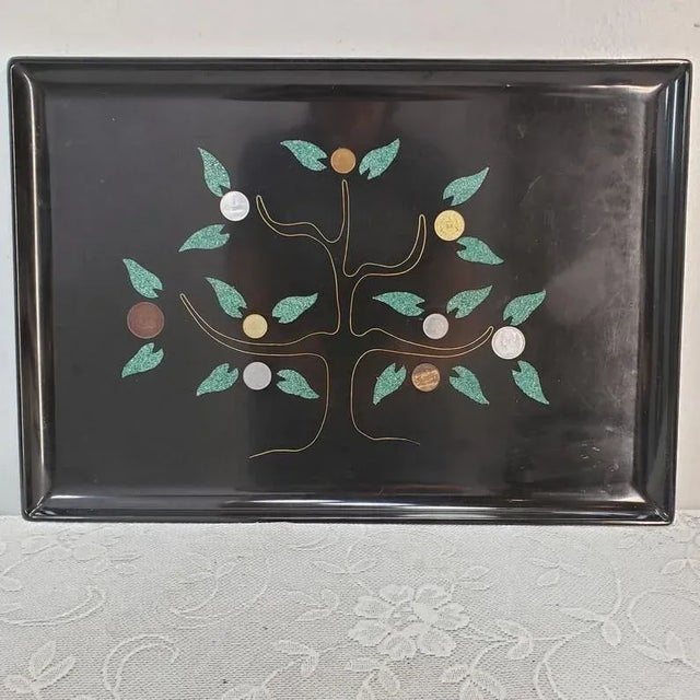 Mid-Century Modern Couroc Handcrafted Black Resin Coin Money Tree Serving Tray For Sale - Image 10 of 11