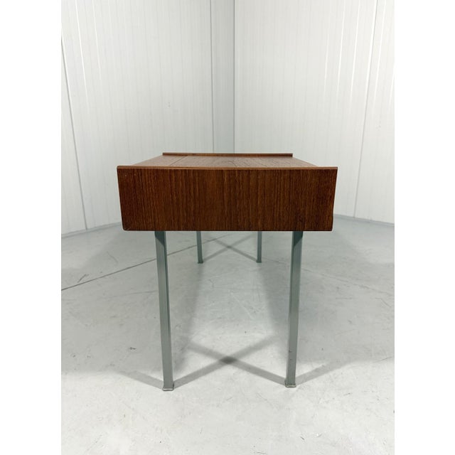 Small bench, telephone bench with valve box. Very light blue laminated seat / top finished with teak wood edges, teak...