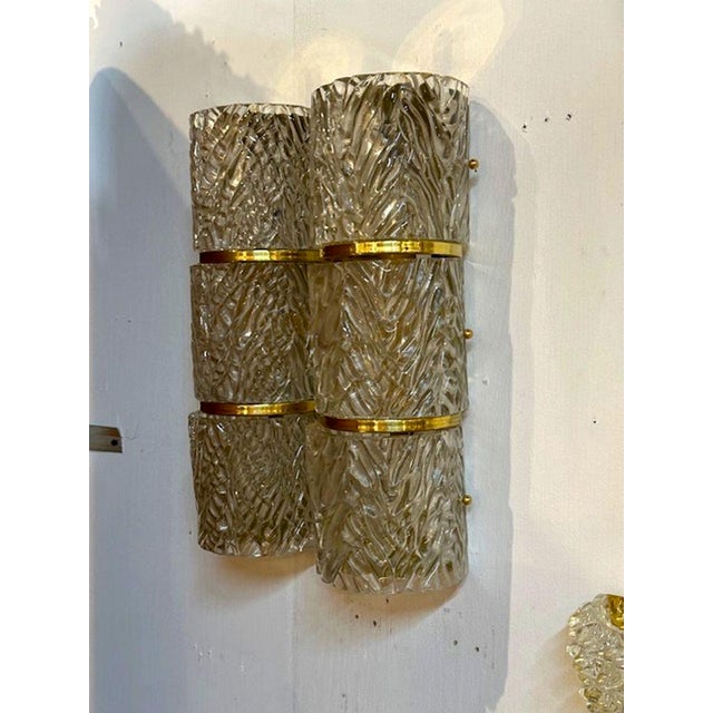 Pair of Modern Murano Wave Glass and Brass Barrel Sconces For Sale - Image 4 of 5