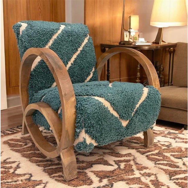 Handmade Wool Chair,Cozy Boho Accent Chair With Natural Wood Frame, Handmade Wood Chair,The Deep Teal Wool With Ivory Geometric Lines. For Sale - Image 6 of 10
