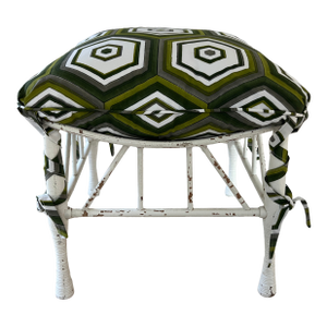 Antique Egyptian Revival Chippy White Painted Thebes Stool With Muriel Brandolini Cotton Cushion