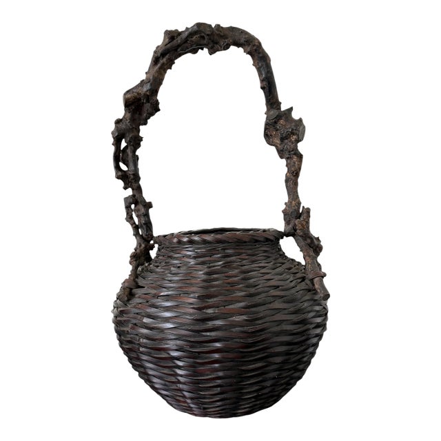 Large Antique Japanese Smoke Bamboo Basket Wisteria Root Handle Meiji Period For Sale