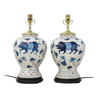 Vintage Brunschwig & Fils Cadiz Table Lamps - Blue and Cream Ceramic With Boar and Deer Motif - a Pair For Sale