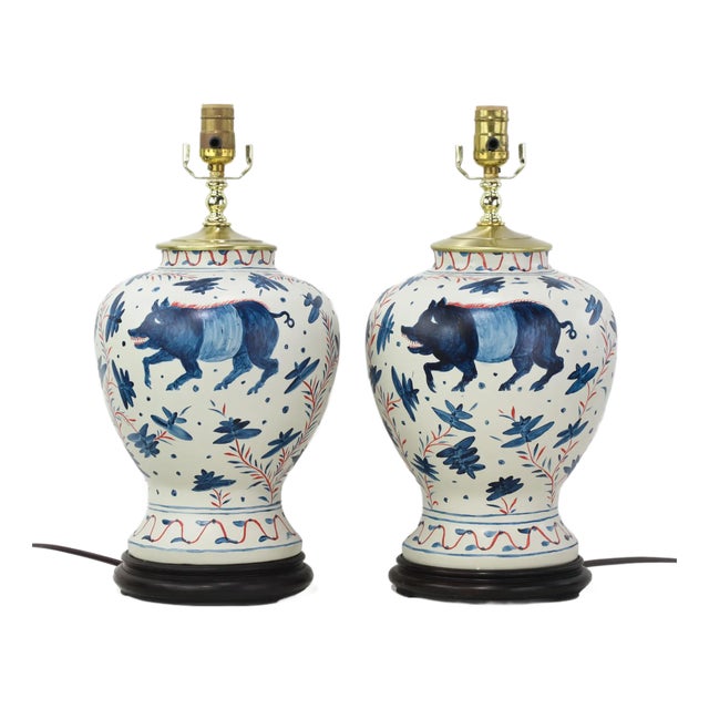 Vintage Brunschwig & Fils Cadiz Table Lamps - Blue and Cream Ceramic With Boar and Deer Motif - a Pair For Sale