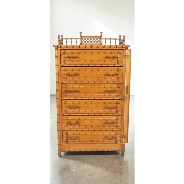 Paine Furniture Late 19th Century Paine Furniture Co. Faux Bamboo Birdseye Maple Wellington Chest For Sale - Image 4 of 16
