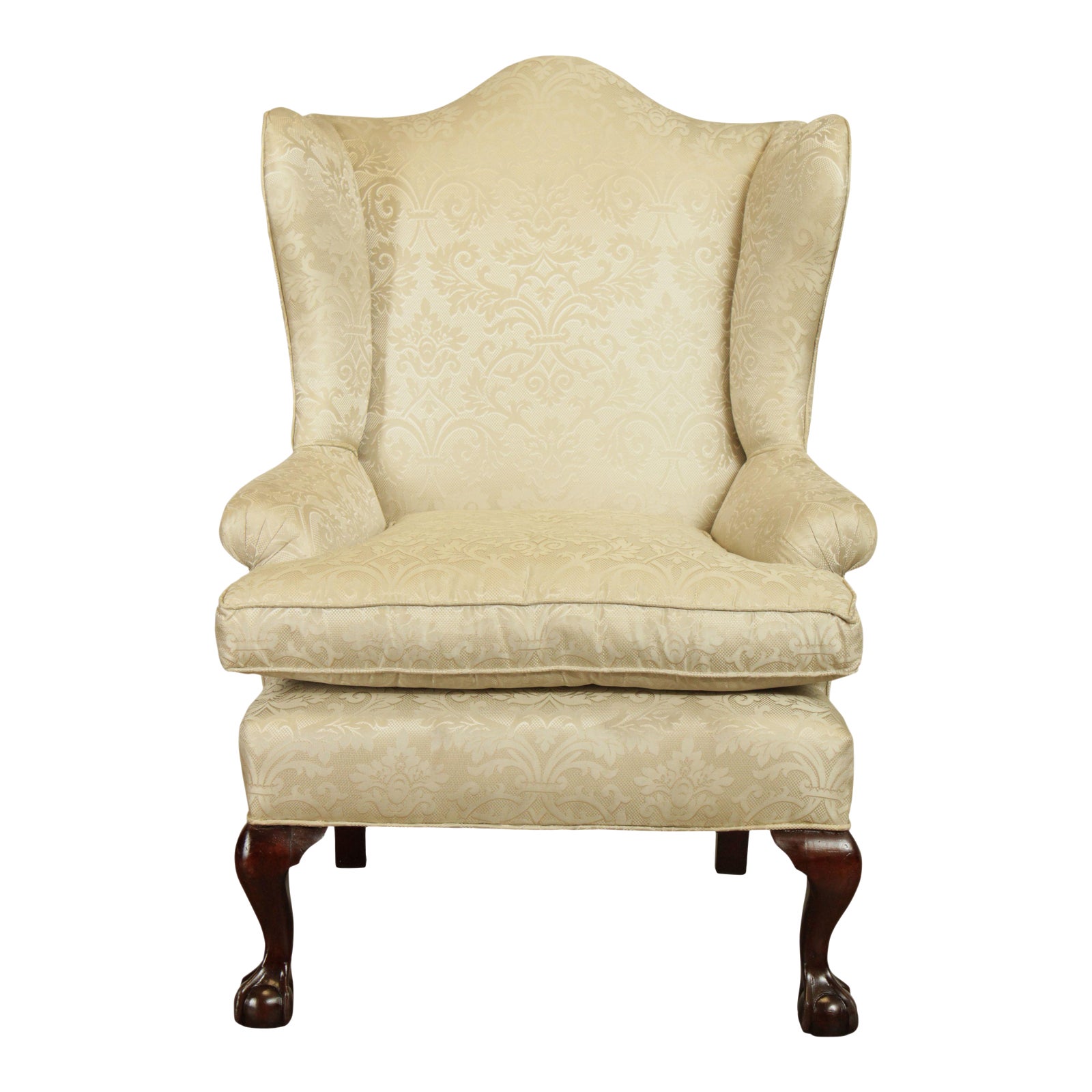 Antique Chippendale Style Custom Upholstered Mahogany Ball & Claw Wing