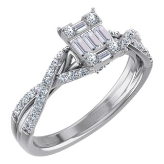 14K White Gold Round Baguette Diamond Womens Designer Ring 1/2 Cttw, Size 7 For Sale