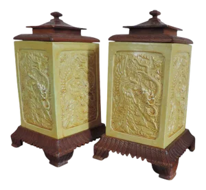 Late 19th Century Chinese Monochrome Porcelain Brush Pots with Relief Panels of Exotic Birds and Dragons - A Pair