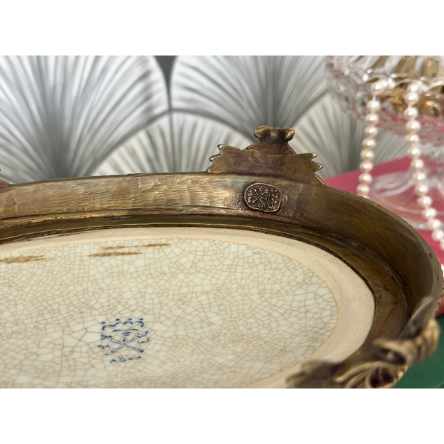Vintage Porcelain Crackle Glaze Floral Jardinière Brass Ormolu-Style Footed Cachepot Planter Vase For Sale - Image 16 of 17