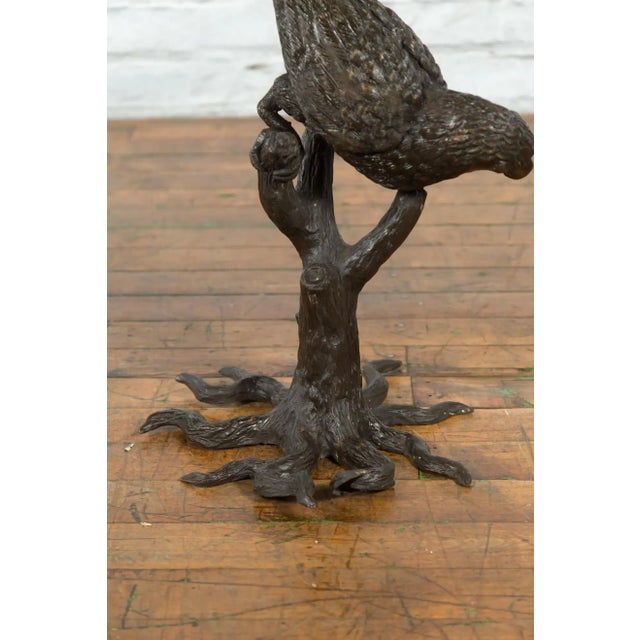 Contemporary Bronze Statue of a Parrot Perched on a Branch and Leaning Down, with Dark Patina For Sale - Image 9 of 13