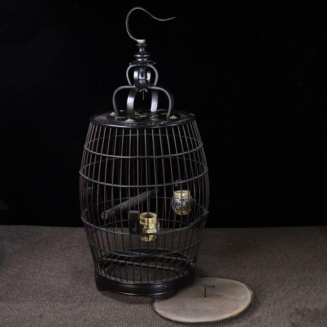 Vintage Hardwood Birdcage With Mother-of-Pearl Inlay and Porcelain Cups For Sale - Image 4 of 9