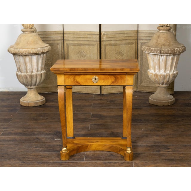 19th Century 19th Century Biedermeier Walnut Console Table with Large Volutes, Pilasters and Gilt Accents For Sale - Image 5 of 12