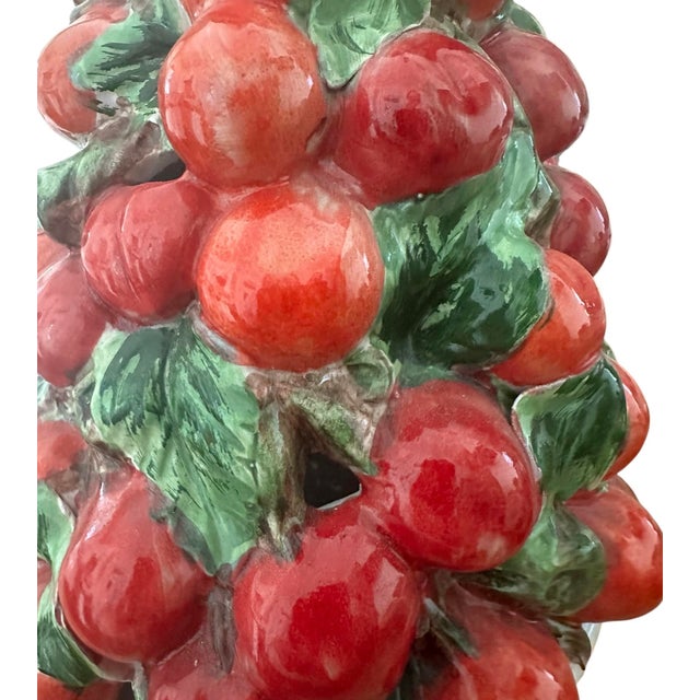 Vintage Italian Majolica Cherry Topiary / Ceramic / Trompe l'Oeil Cherries in Footed Pedestal Pot Centerpiece For Sale In Dallas - Image 6 of 9