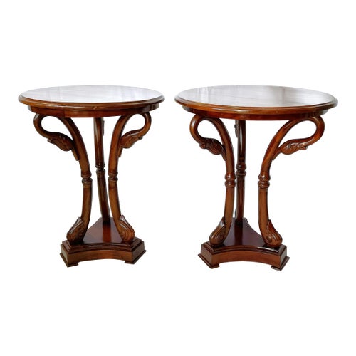 Vintage Round Cherry Hardwood Gooseneck Pedestal Tables- a Pair