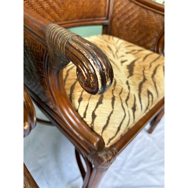 Vintage Bamboo & Rattan Arm Chairs – Pair of Wicker Dining or Accent Chairs With Upholstered Seats For Sale - Image 9 of 12