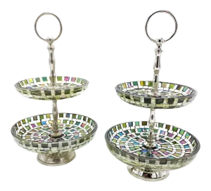 Vintage Iridescent Mosaic Tiled Two-Tier Trays - a Pair