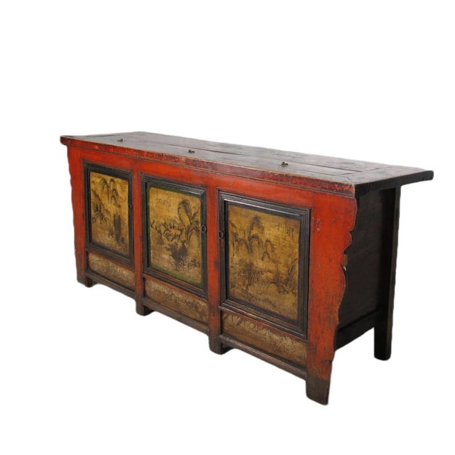 Chinese Late 19th Century Gansu 85" Long Red Hand Painted Chinese Sideboard For Sale - Image 3 of 12