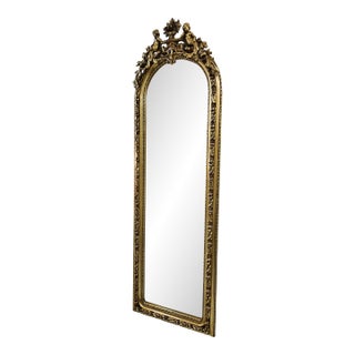 Grand French Louis XV Floor Mirror With Cherub Crest & Gold Leaf Frame For Sale