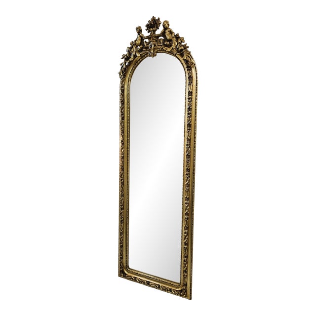 Grand French Louis XV Floor Mirror With Cherub Crest & Gold Leaf Frame For Sale
