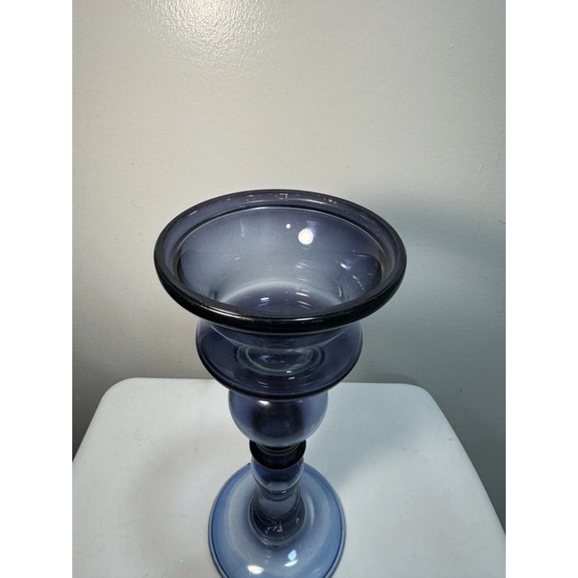 1970s Vintage Blue Glass Pedestal Candle Holder | MCM Art Glass Compote Decor For Sale - Image 5 of 13