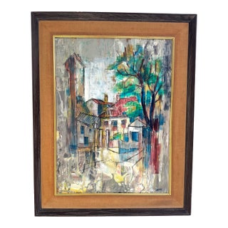Large Oil Painting Abstract Cityscape Mid Century Modern Art Framed Signed Greene For Sale