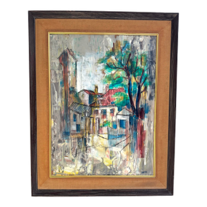 Large Oil Painting Abstract Cityscape Mid Century Modern Art Framed Signed Greene