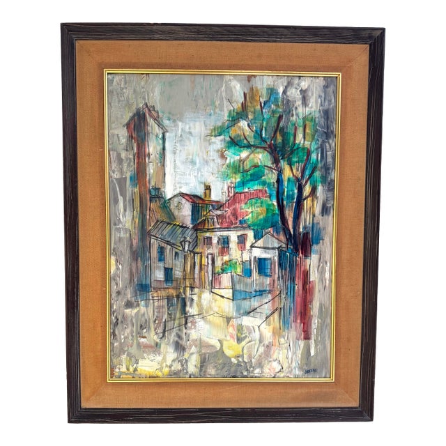 Mid Century Modern Abstract Cityscape Oil Painting Signed Greene Framed 24x30 For Sale