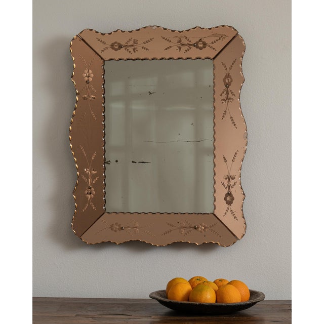 1940-1949 Italy Warm Blush Pink Carved Wood Mirror With Etched Border For Sale In Greensboro - Image 6 of 9