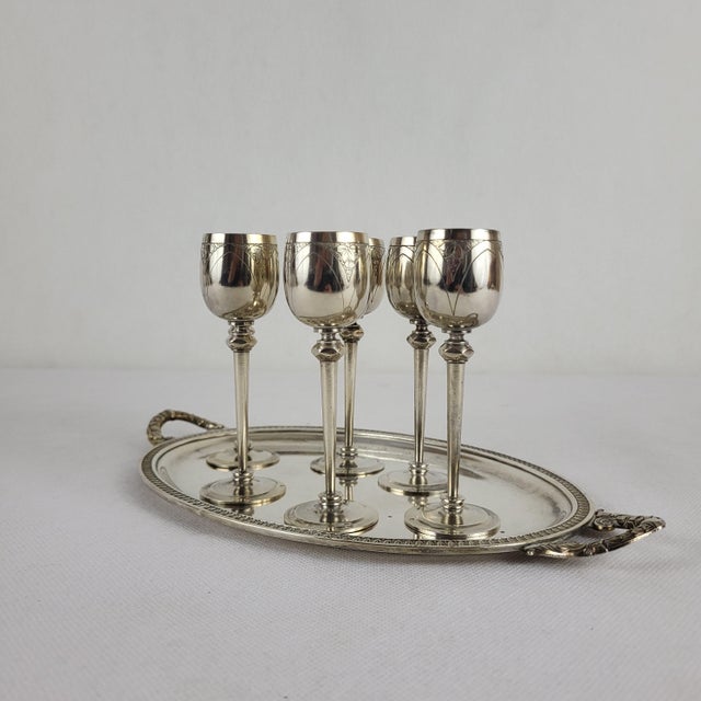 6 silver-plated liquor glasses and oval tray. Hallmark of the goldsmith Rousseau / France Cherry decoration Tray...