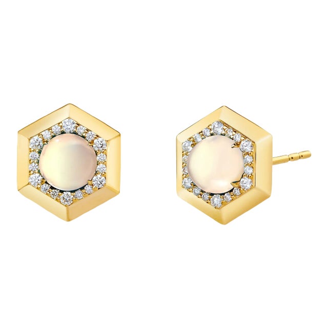 Syna Yellow Gold Hex Earrings with Moon Quartz and Diamonds, a Pair For Sale