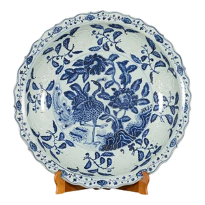 Mid 20th Century Large Chinese Hand-Painted Blue & White Porcelain Charger Plate