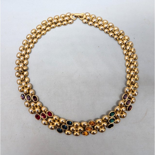 Gold Vintage Signed Napier Goldtone Jewel Tone Rhinestone Collar Necklace For Sale - Image 8 of 11