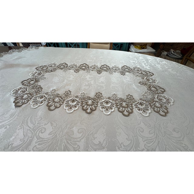 Textile Vintage LinenTablecloth, Embroidered Applique Lace, Cream and Taupe. On Ivory 18" X 55.5" Pristine For Sale - Image 7 of 17