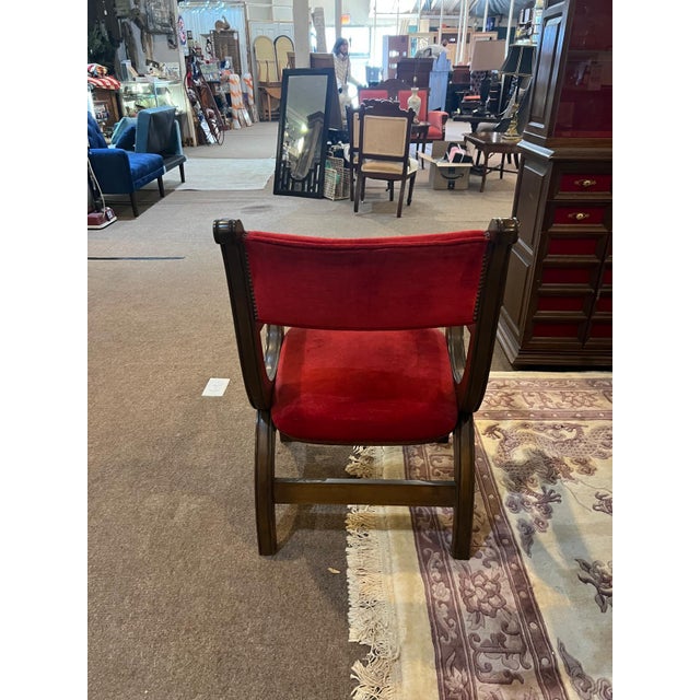 Custom Vintage 1960s Mid Century Modern Marlau of Madrid Glass Top Dining Table With 6 Red Velvet Curule Style Dining Chairs For Sale In Philadelphia - Image 6 of 12