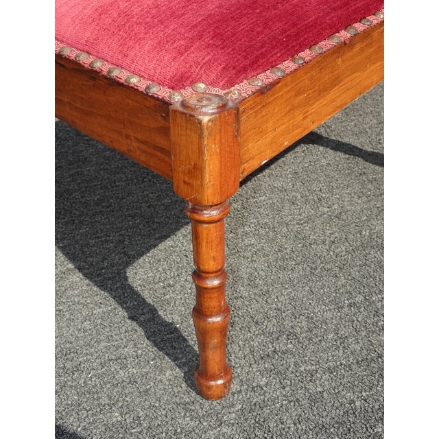 Vintage Oak French Country Rose Colored Velvet Footstool W Decorative Nails For Sale - Image 9 of 12