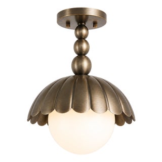 Handmade Brass Flush Mount Light, Antique Brass Flower Ceiling Light, Milk Glass Scalloped Brass Ceiling Lamp for Entryway Bedroom Kitchen For Sale