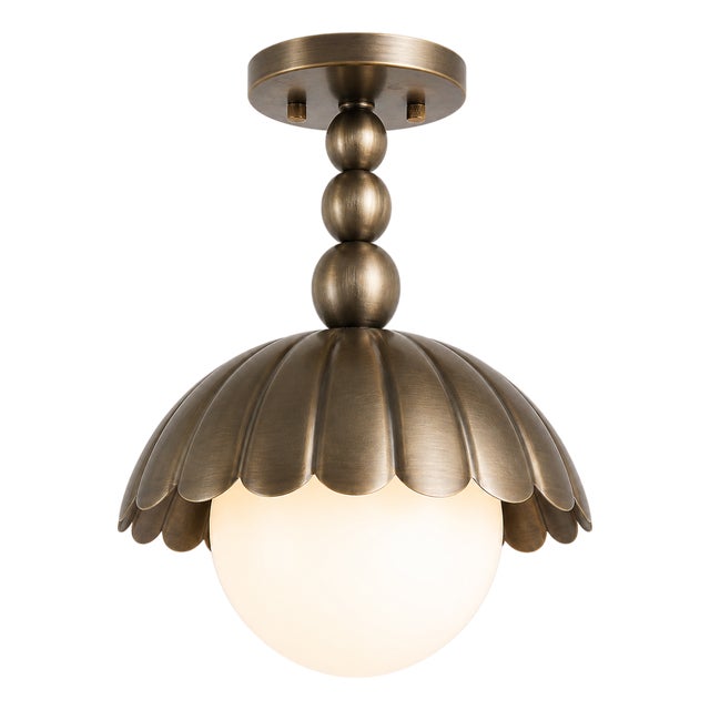 Handmade Brass Flush Mount Light, Antique Brass Flower Ceiling Light, Milk Glass Scalloped Brass Ceiling Lamp for Entryway Bedroom Kitchen For Sale