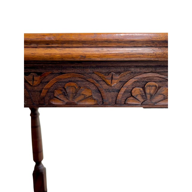 Antique English Jacobean Style Oak Flip Top Game Table Bar Cart Carved Frieze For Sale - Image 9 of 18