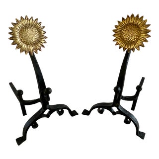Iron and Brass Sunflower Andirons - A Pair For Sale