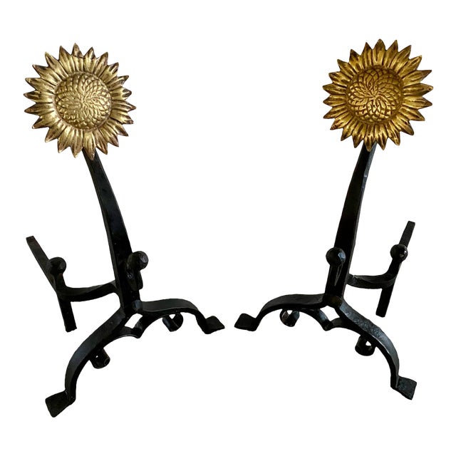 Iron and Brass Sunflower Andirons - A Pair For Sale