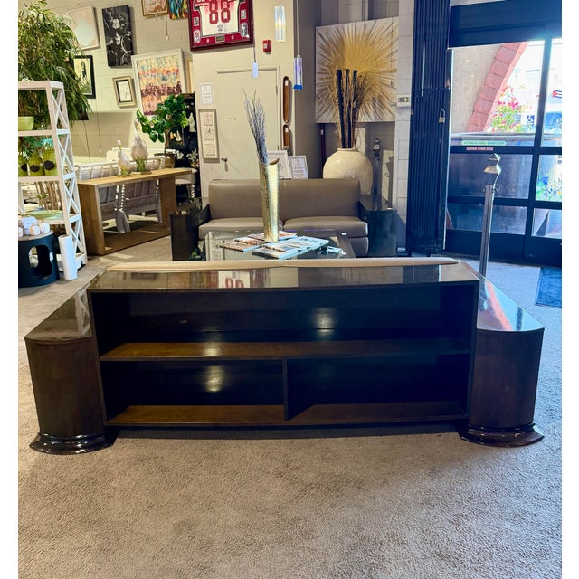Contemporary Leather & Dark Wood Sofa With Built-in Shelving For Sale - Image 3 of 6