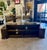 Contemporary Leather & Dark Wood Sofa With Built-in Shelving For Sale - Image 3 of 6