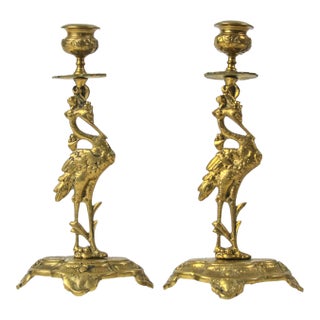 Art Nouveau Style Vintage Brass Crane Candlestick Pair For Sale