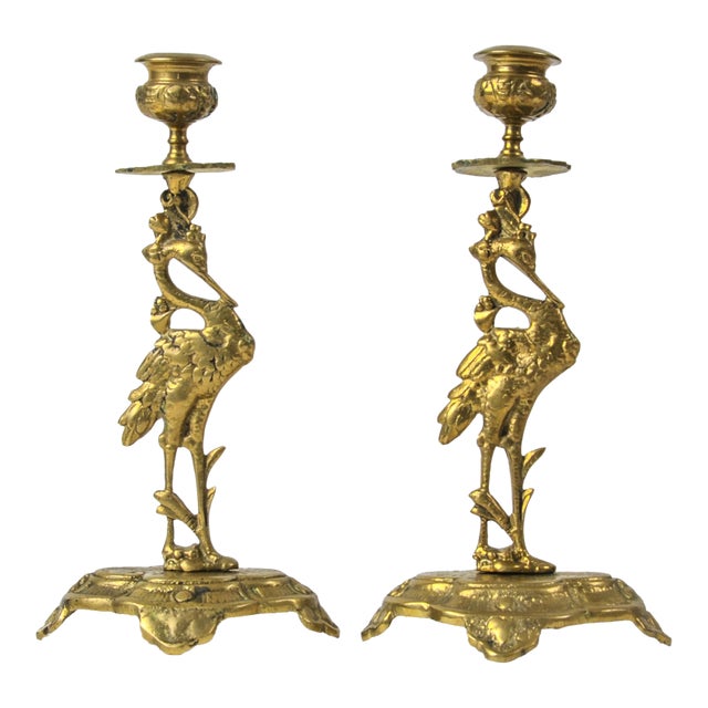 Art Nouveau Style Vintage Brass Crane Candlestick Pair For Sale