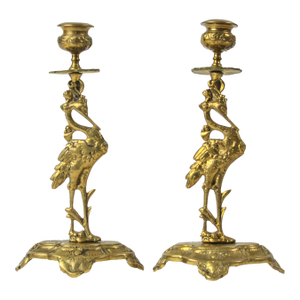 Art Nouveau Style Vintage Brass Crane Candlestick Pair