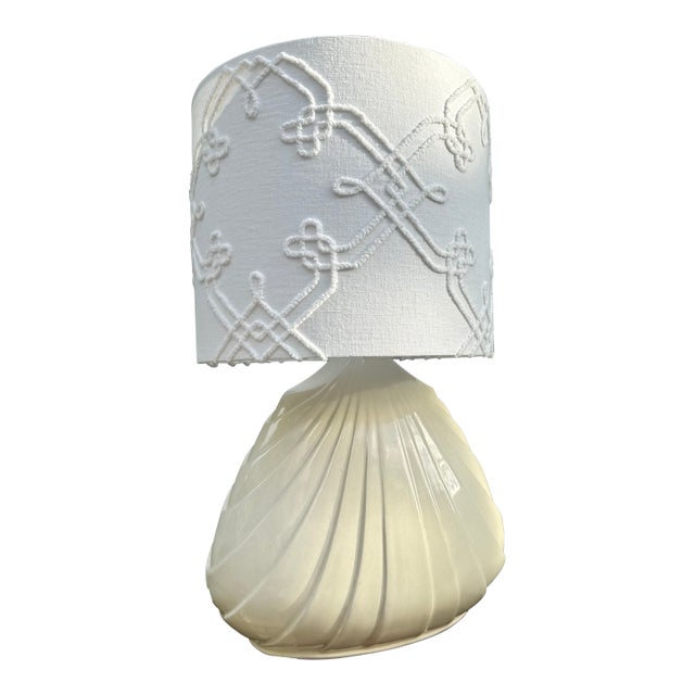 1960s White Ceramic Shell Lamp With Custom Boho Shade - Rewired For Sale