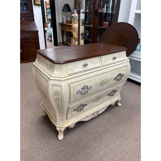 Late 20th Century Late 20th Century White Bombay Style Chest of Drawers Dresser, Floral Print, Finished Woodgrain Top, 4 Drawers, Carved For Sale - Image 5 of 12