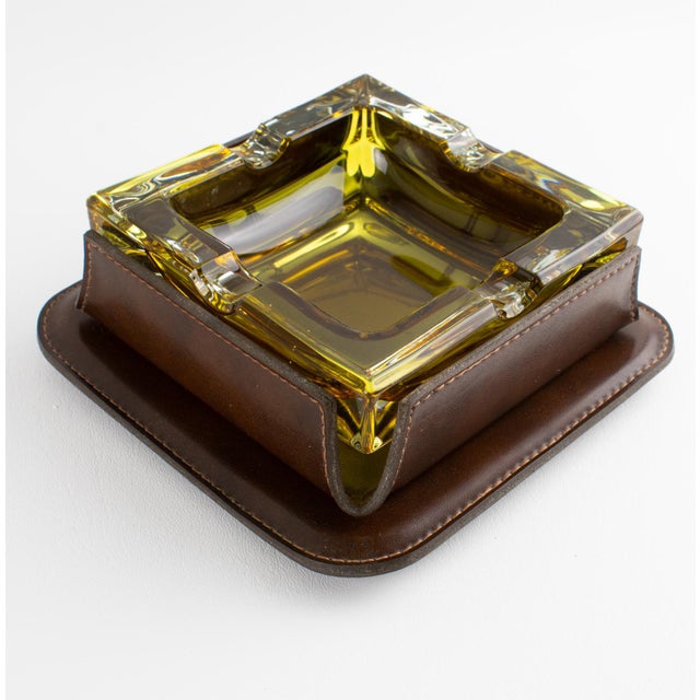 Mid-Century Leather and Crystal Ashtray Catchall Desk Tidy For Sale - Image 11 of 17